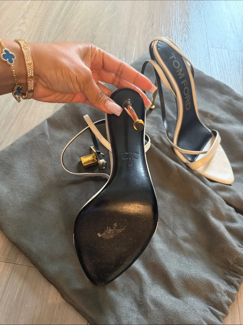 Tom Ford Black and White Leather Strappy Pointed-Toe Heels
